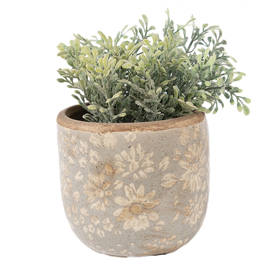 Šedý antik keramický obal na květináč s květy S - Ø 10*9 cm Clayre & Eef Šedý antik keramický obal na květináč s květy S - Ø 10*9 cm Clayre & Eef