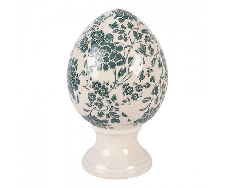 Béžové keramické vajíčko na podstavci se zelenými květy M - Ø 12*19 cm Clayre & Eef