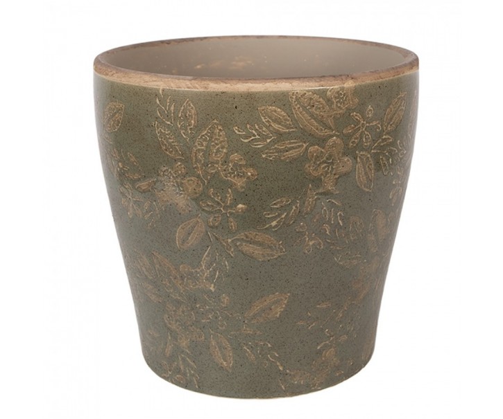 Zelený keramický obal na květináč s květy Timothée XL - Ø 18*17 cm Clayre & Eef