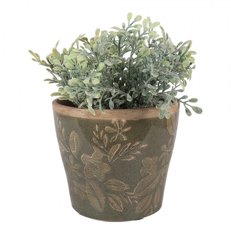 Zelený keramický obal na květináč s květy Timothée M - Ø 12*10 cm Clayre & Eef Zelený keramický obal na květináč s květy Timothée M - Ø 12*10 cm Clayre & Eef