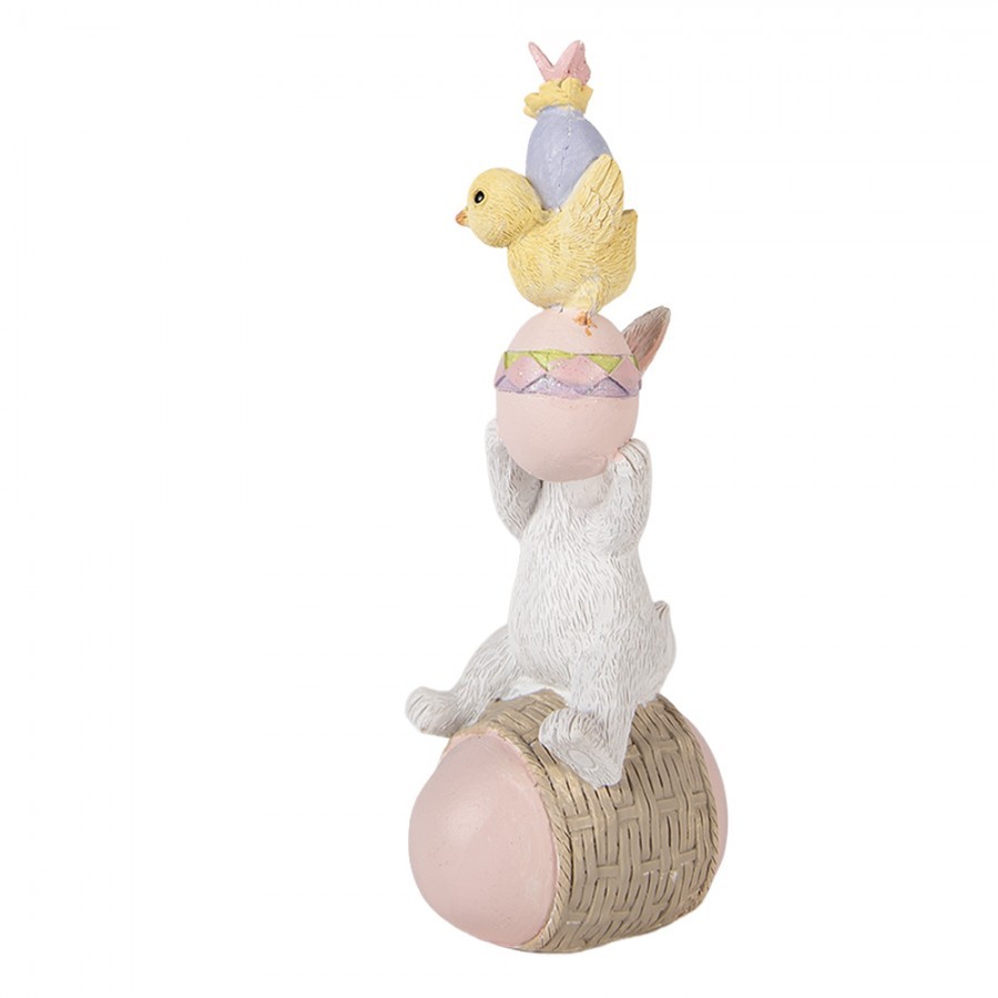 Dekorace bílý králík na vajíčku držící kuřátko - 8*6*19 cm Clayre & Eef Dekorace bílý králík na vajíčku držící kuřátko - 8*6*19 cm Clayre & Eef