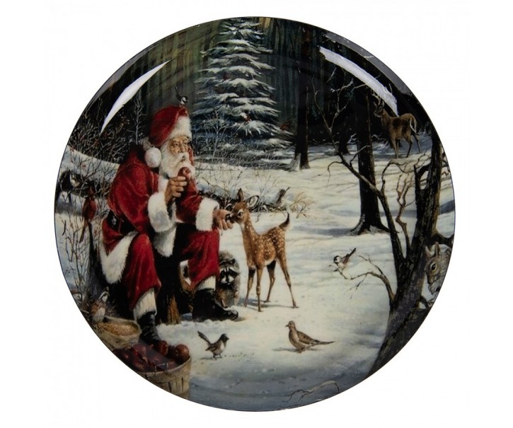 Černý kovový podnos s motivem Santy v zasněžené krajině - Ø 28*3 cm Clayre & Eef