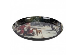 Černý kovový podnos s motivem Santy v zasněžené krajině - Ø 28*3 cm