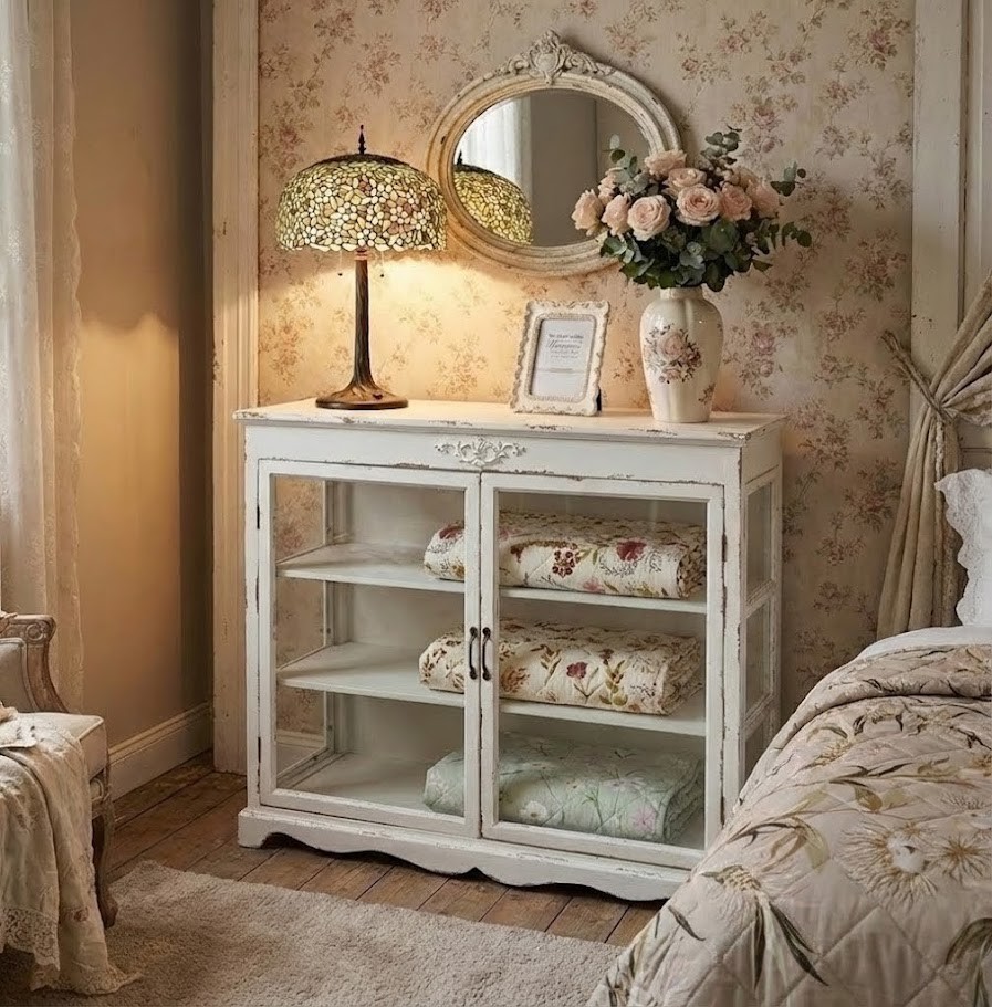 Krémová dřevěná komoda s prosklenými dvířky Old Carin - 106*39*87cm Chic Antique Krémová dřevěná komoda s prosklenými dvířky Old Carin - 106*39*87cm Chic Antique