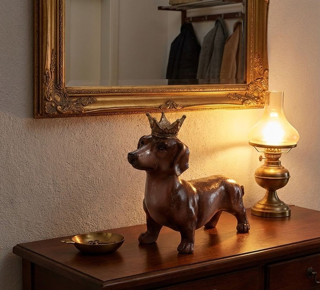 Hnědá dekorace jezevčík s korunkou Dachshund - 35*14*28 cm Clayre & Eef Hnědá dekorace jezevčík s korunkou Dachshund - 35*14*28 cm Clayre & Eef