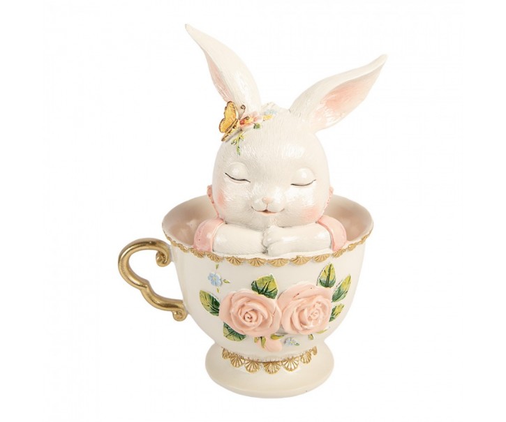 Dekorace králík v šálku s růžemi - 16*13*22 cm Clayre & Eef