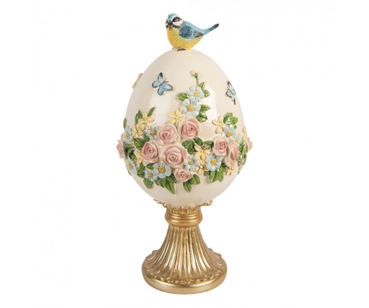 Béžovo-zlatá dekorace vajíčko s květy a ptáčkem - Ø 16*33 cm Clayre & Eef
