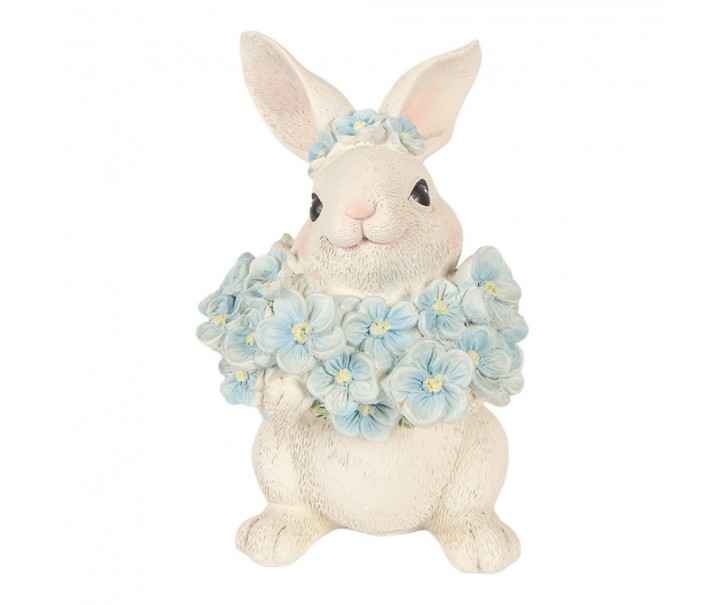 Dekorace bílý králík s modrými květy - 9*10*13 cm Clayre & Eef