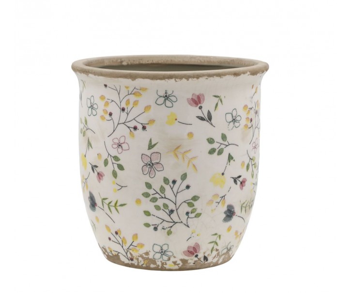 Béžový antik keramický obal květináč s květy Cavaillon M - Ø 14,5*14,5 cm Chic Antique