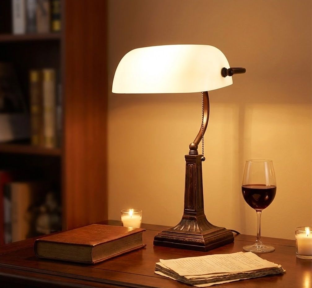 Bílá bankovní lampa tiffany Bank white - 26*16*40 cm E27/max 1*40W Clayre & Eef Bílá bankovní lampa tiffany Bank white - 26*16*40 cm E27/max 1*40W Clayre & Eef