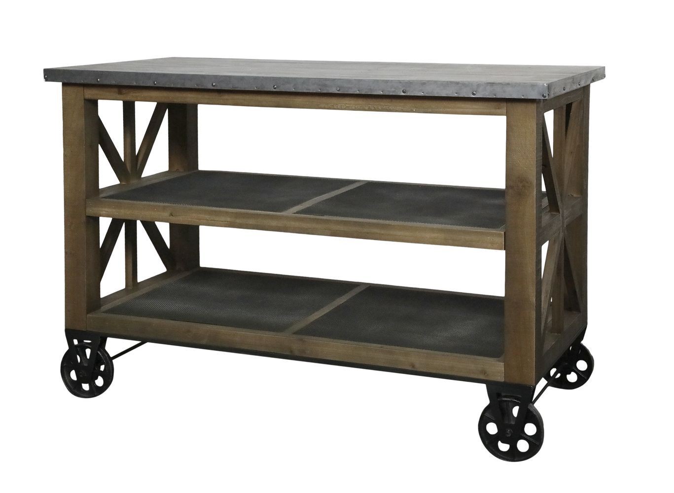 Hnědý antik dřevěný vozík ostrůvek na kolečkách se zinkovou deskou Anoa - 120*60*90 cm