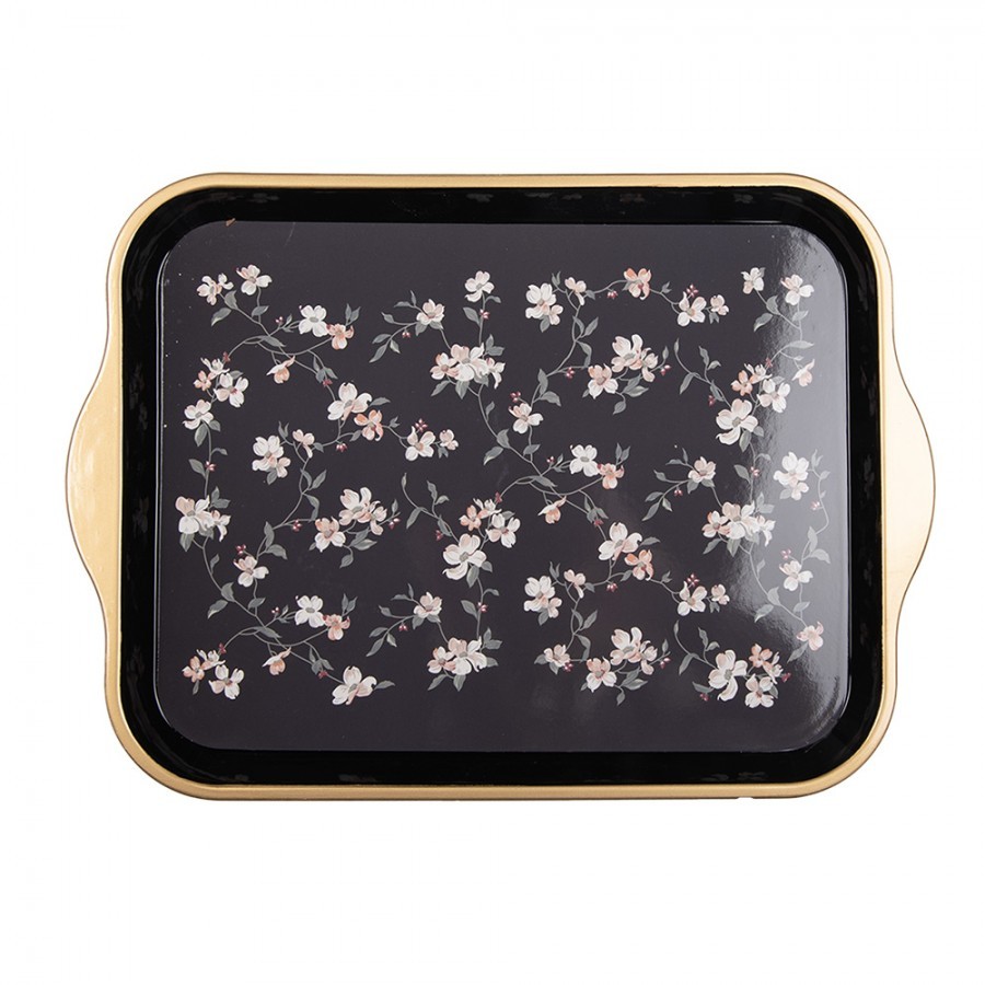 Černo-zlatý umělý dekorativní podnos s květy Vintage Flower - 38*27*2 cm