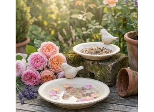 Béžové keramické krmítko pro ptáčky s růžemi Rosien L - Ø 26*10 cm