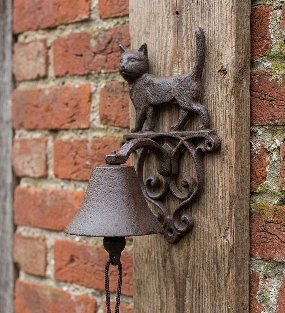 Hnědý antik litinový zvonek s kočičkou - 14*14*24 cm Clayre & Eef Hnědý antik litinový zvonek s kočičkou - 14*14*24 cm Clayre & Eef