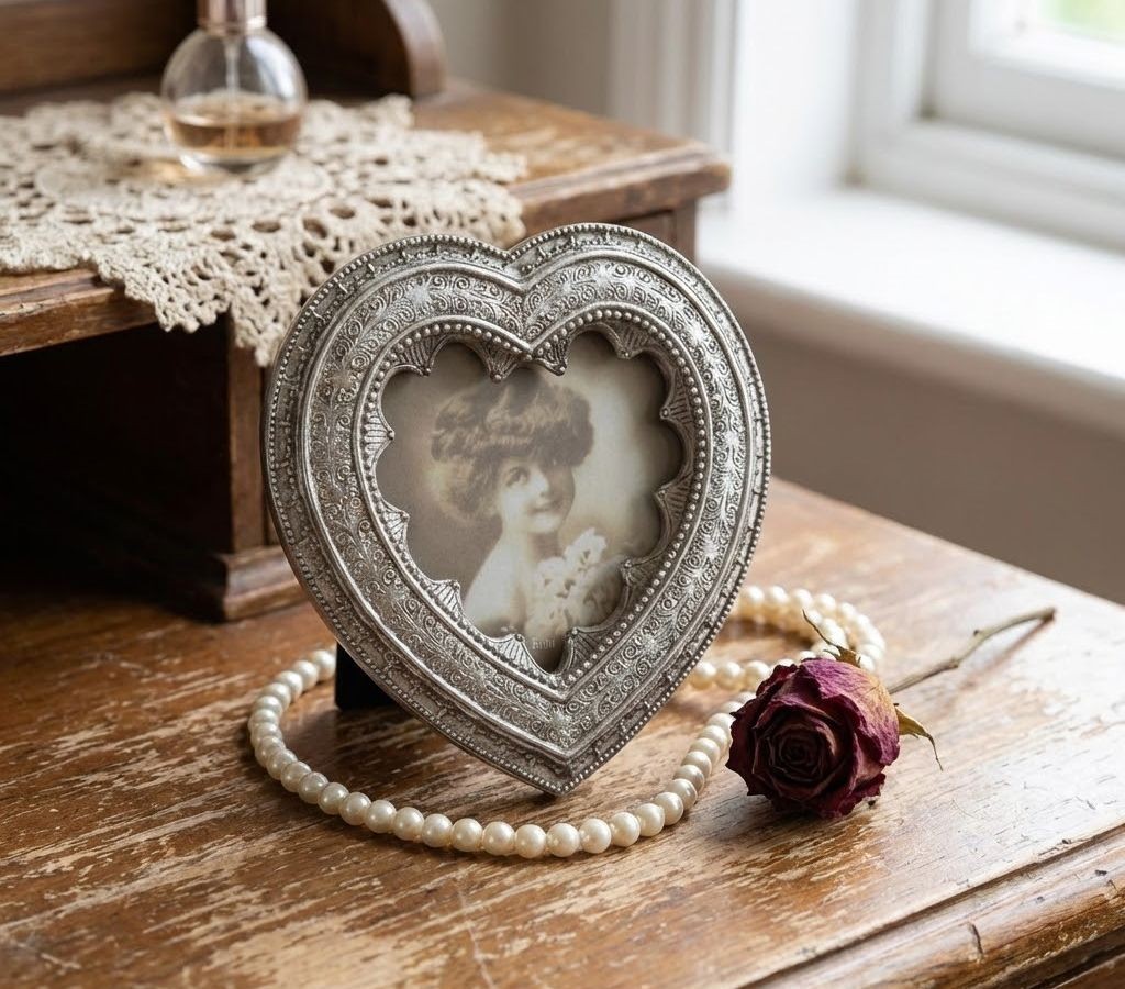 Stříbrný antik fotorámeček ve tvaru srdce Vintage Heart - 12*12 cm / 9*9 cm Clayre & Eef Stříbrný antik fotorámeček ve tvaru srdce Vintage Heart - 12*12 cm / 9*9 cm Clayre & Eef