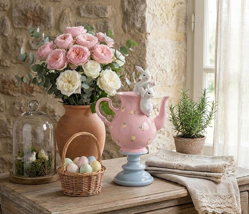 Dekorace králíčci na růžové konvičce na podstavci - 22*14*35 cm Clayre & Eef Dekorace králíčci na růžové konvičce na podstavci - 22*14*35 cm Clayre & Eef