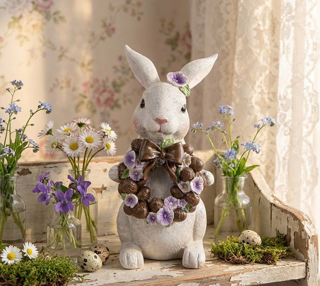 Dekorace králík s čoko věncem a maceškami - 17*16*30 cm Clayre & Eef Dekorace králík s čoko věncem a maceškami - 17*16*30 cm Clayre & Eef