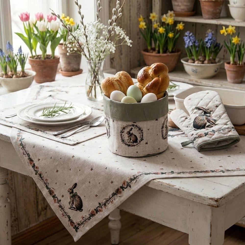 Bavlněný ubrus na stůl se zajícem Natural Linen Easter - 100*100 cm Clayre & Eef Bavlněný ubrus na stůl se zajícem Natural Linen Easter - 100*100 cm Clayre & Eef