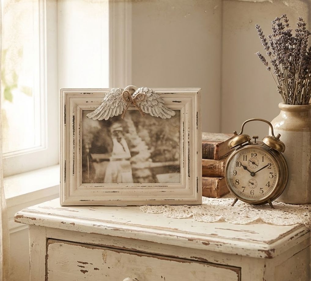 Béžový antik dřevěný fotorámeček s andělskými křídly - 24*3*19 cm / 18*13cm Clayre & Eef Béžový antik dřevěný fotorámeček s andělskými křídly - 24*3*19 cm / 18*13cm Clayre & Eef