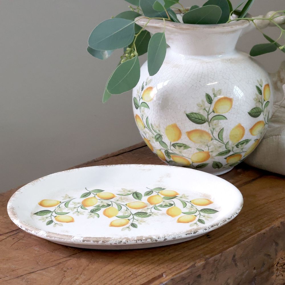 Béžový antik keramický podnos s citróny Limone Blossom - 25*18*2 cm Chic Antique Béžový antik keramický podnos s citróny Limone Blossom - 25*18*2 cm Chic Antique