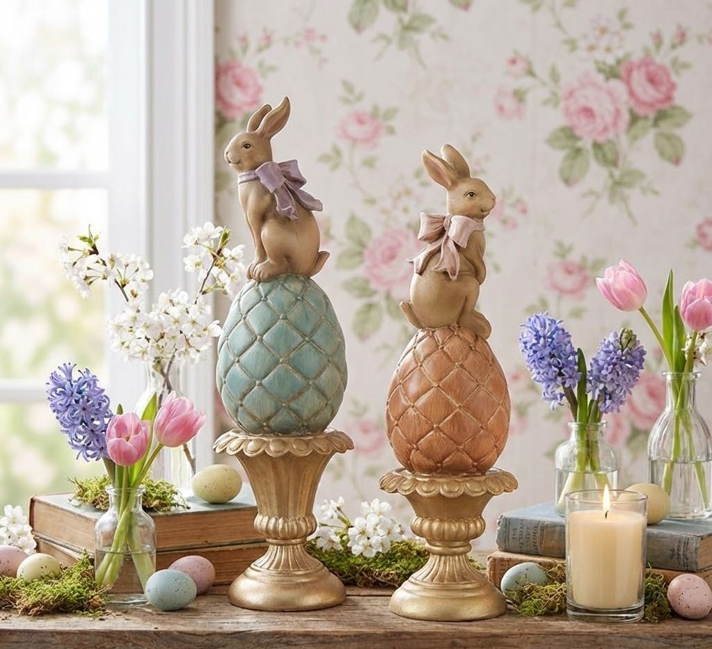 Hnědá antik dekorace králík na vajíčku na podstavci - Ø 8*27 cm Clayre & Eef Hnědá antik dekorace králík na vajíčku na podstavci - Ø 8*27 cm Clayre & Eef