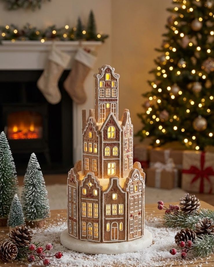 Hnědá svítící perníková věž z chaloupek GingerBread Led - Ø 20*37 cm J-Line by Jolipa Hnědá svítící perníková věž z chaloupek GingerBread Led - Ø 20*37 cm J-Line by Jolipa