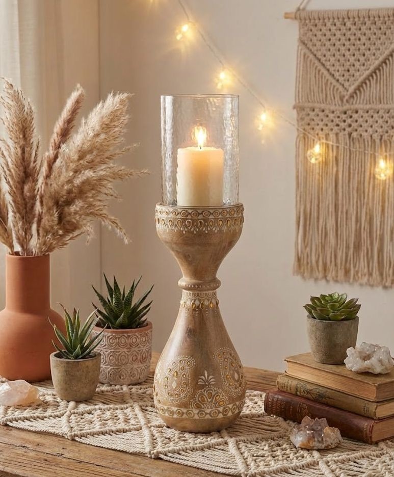 Malovaný dřevěný kulatý svícen s korálky Boho Mango wood - Ø 13*46 cm J-Line by Jolipa Malovaný dřevěný kulatý svícen s korálky Boho Mango wood - Ø 13*46 cm J-Line by Jolipa