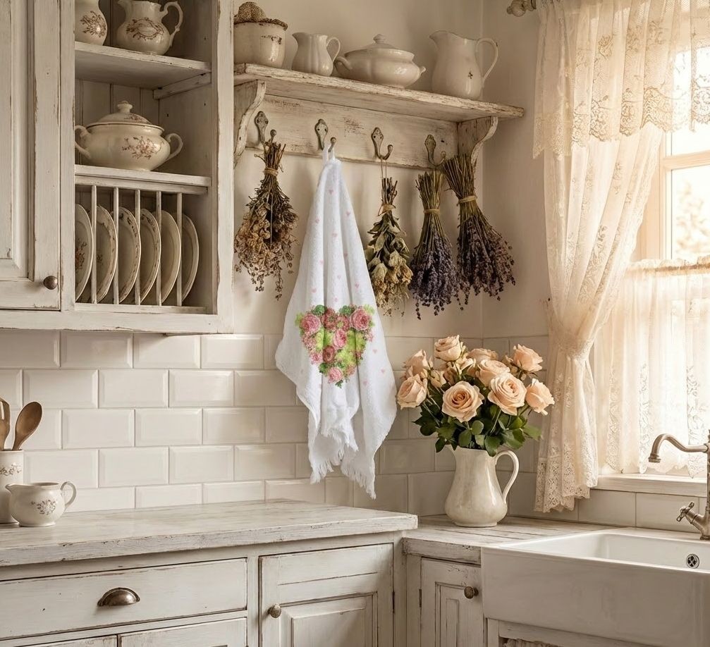 Bílý kuchyňský froté ručník se srdíčkem z květů - 40*66 cm Clayre & Eef Bílý kuchyňský froté ručník se srdíčkem z květů - 40*66 cm Clayre & Eef