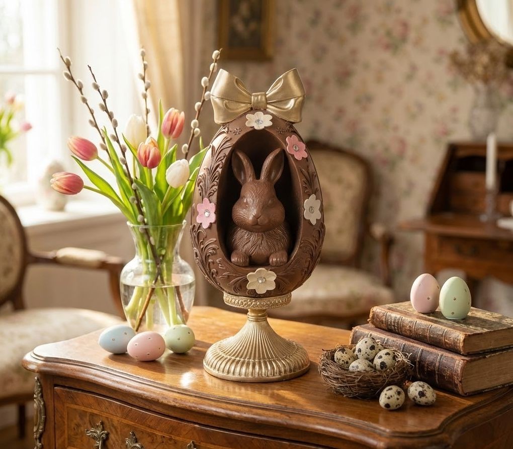 Čoko vajíčko na podstavci s králíčkem a mašlí - Ø 12*26 cm Clayre & Eef Čoko vajíčko na podstavci s králíčkem a mašlí - Ø 12*26 cm Clayre & Eef