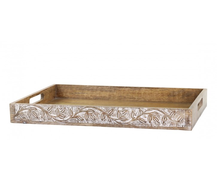Servírovací podnos z mangového dřeva s řezbami Tours - 59*35*5 cm Chic Antique