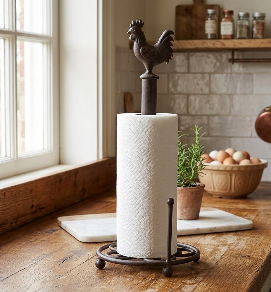 Hnědý antik držák na kuchyňské role s kohoutem - Ø 18*43 cm Clayre & Eef Hnědý antik držák na kuchyňské role s kohoutem - Ø 18*43 cm Clayre & Eef
