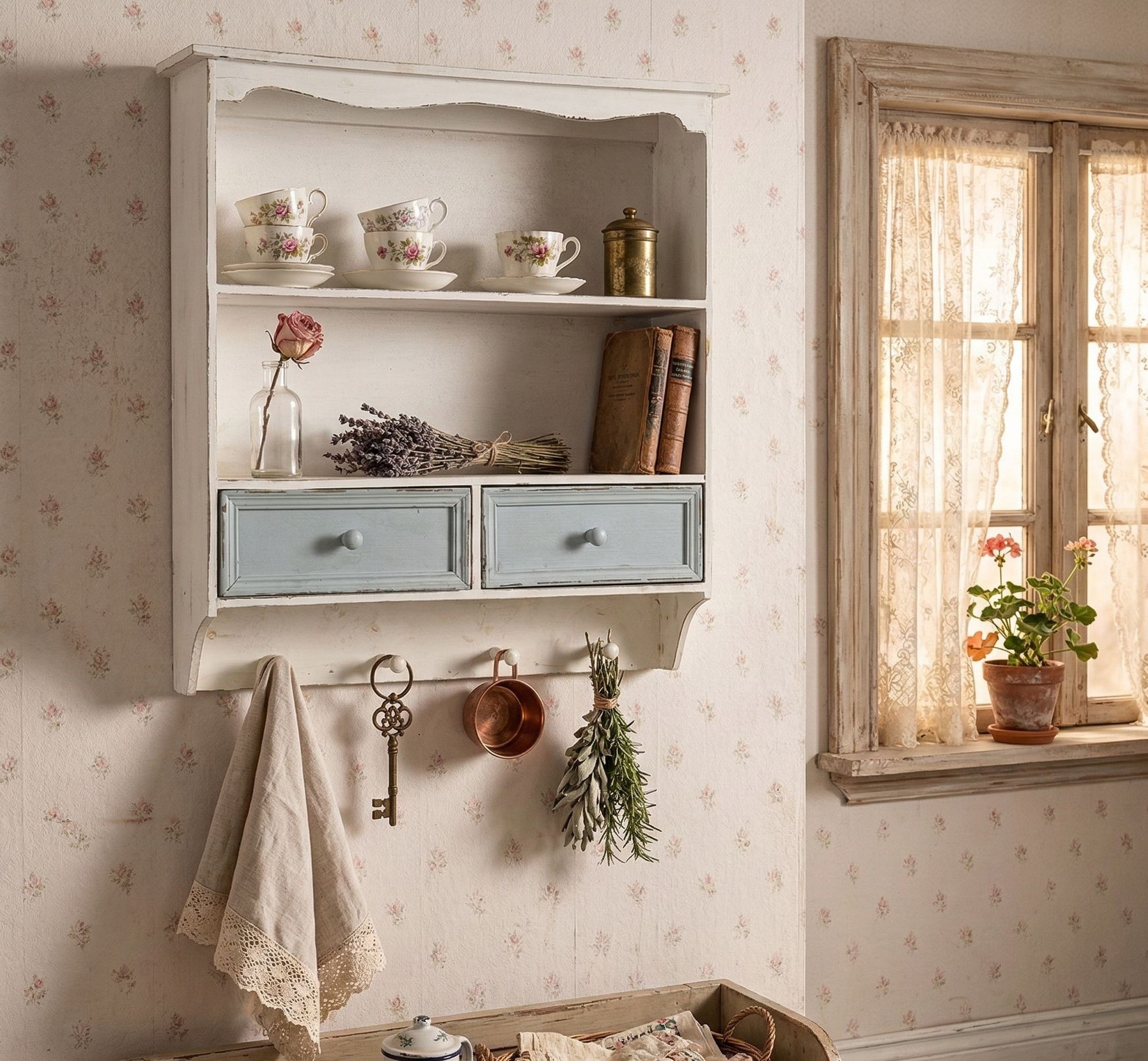 Bílá vintage nástěnná polička s modrými šuplíčky Vann - 56*13*60 cm Clayre & Eef Bílá vintage nástěnná polička s modrými šuplíčky Vann - 56*13*60 cm Clayre & Eef