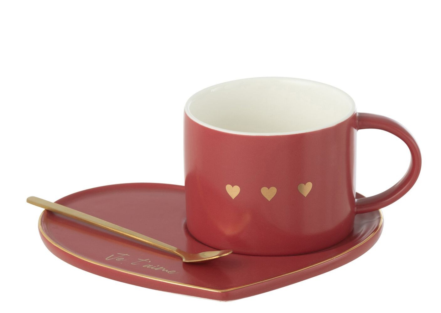 Vínový hrnek se srdíčky + lžička + talířek srdce Je t´aime - 16*14*7,5 cm