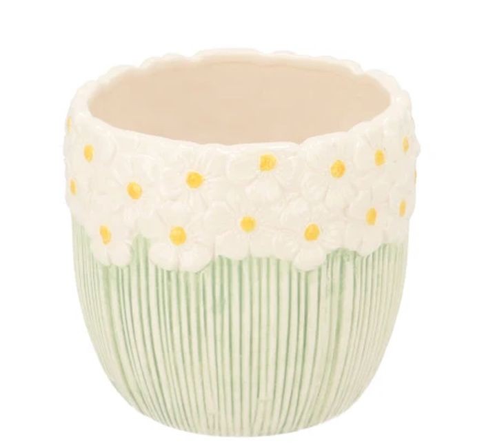 Bílo-zelený obal na květináč s reliéfem květů Jane Flower - Ø 10*9 cm