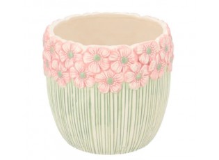 Růžovo-zelený obal na květináč s reliéfem květů Jane Flower - Ø 13*11cm