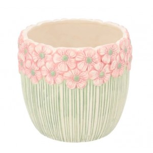 Růžovo-zelený obal na květináč s reliéfem květů Jane Flower - Ø 13*11cm