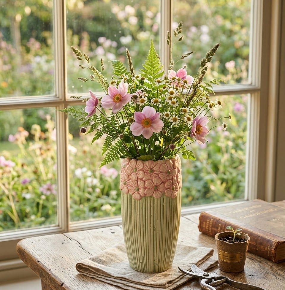 Růžovo-zelená váza s reliéfem květů Jane Flower - Ø 11*21 cm daan kromhout Růžovo-zelená váza s reliéfem květů Jane Flower - Ø 11*21 cm daan kromhout