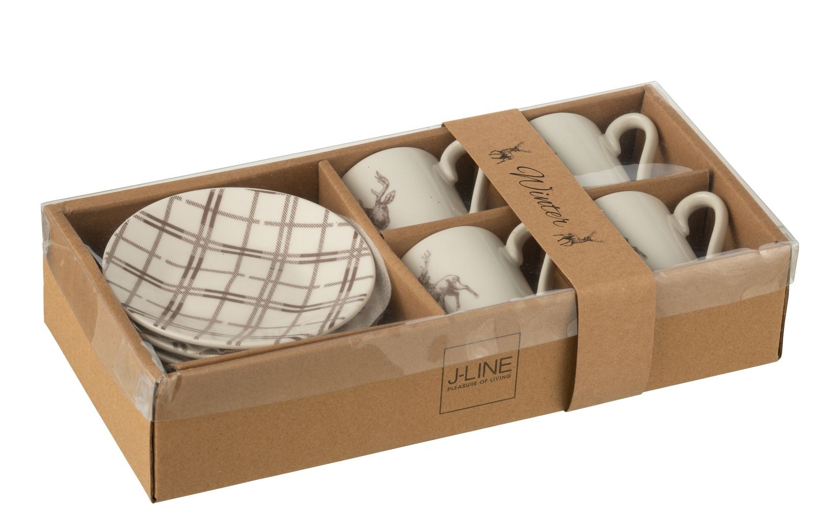 Set 4ks bílo-hnědý hrnek s jelenem v krabičce Coffee Deer - Ø 11*6 cm / 80ml J-Line by Jolipa Set 4ks bílo-hnědý hrnek s jelenem v krabičce Coffee Deer - Ø 11*6 cm / 80ml J-Line by Jolipa