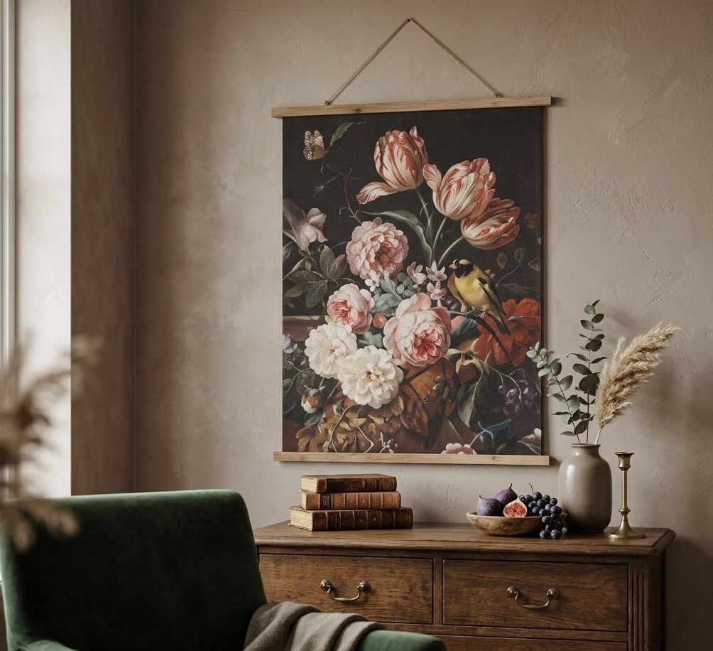 Závěsný textilní obraz květinové zátiší s ptáčkem v retro stylu - 80*2*100 cm Clayre & Eef Závěsný textilní obraz květinové zátiší s ptáčkem v retro stylu - 80*2*100 cm Clayre & Eef
