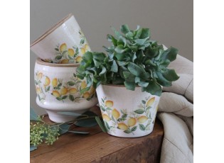 Béžový antik keramický květináč s citróny Limone Blossom - Ø 13*10 cm