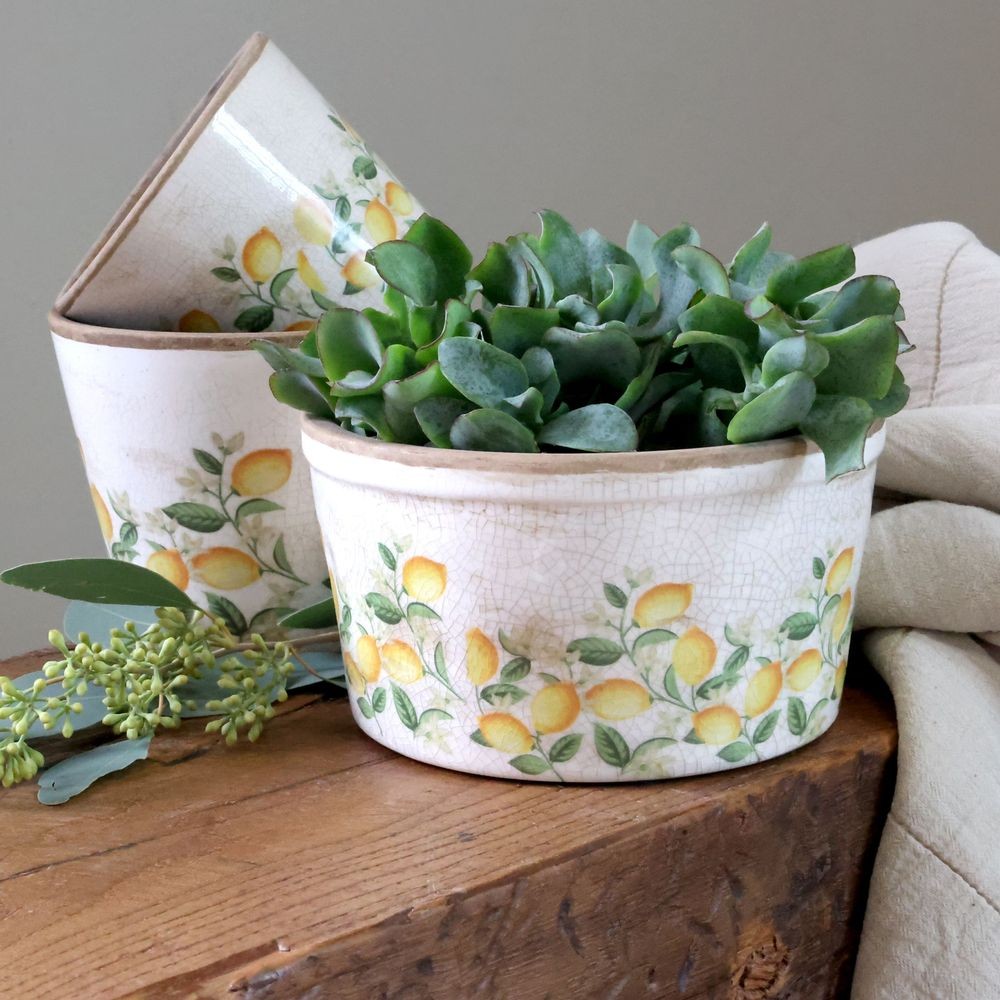 Béžový antik keramický květináč s citróny Limone Blossom - Ø 16*10 cm Chic Antique Béžový antik keramický květináč s citróny Limone Blossom - Ø 16*10 cm Chic Antique