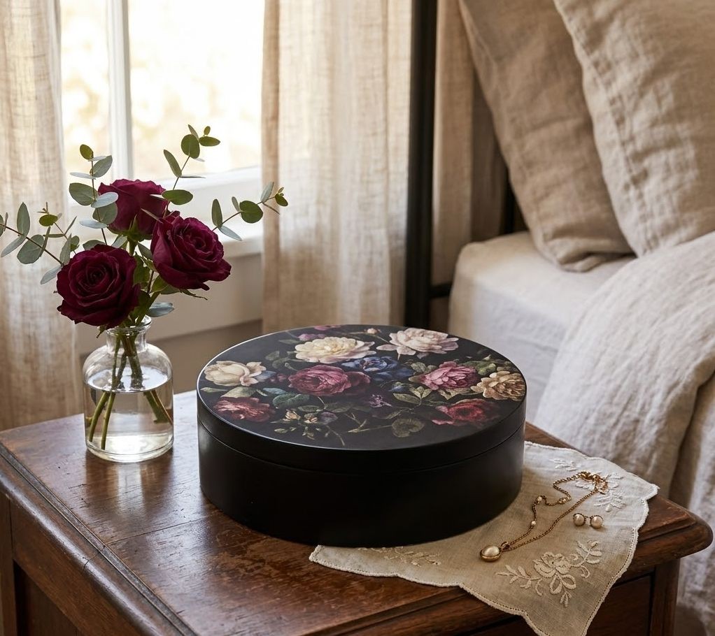 Kulatý černý dřevěný úložný box s vintage růžemi - Ø 25*7 cm Clayre & Eef Kulatý černý dřevěný úložný box s vintage růžemi - Ø 25*7 cm Clayre & Eef