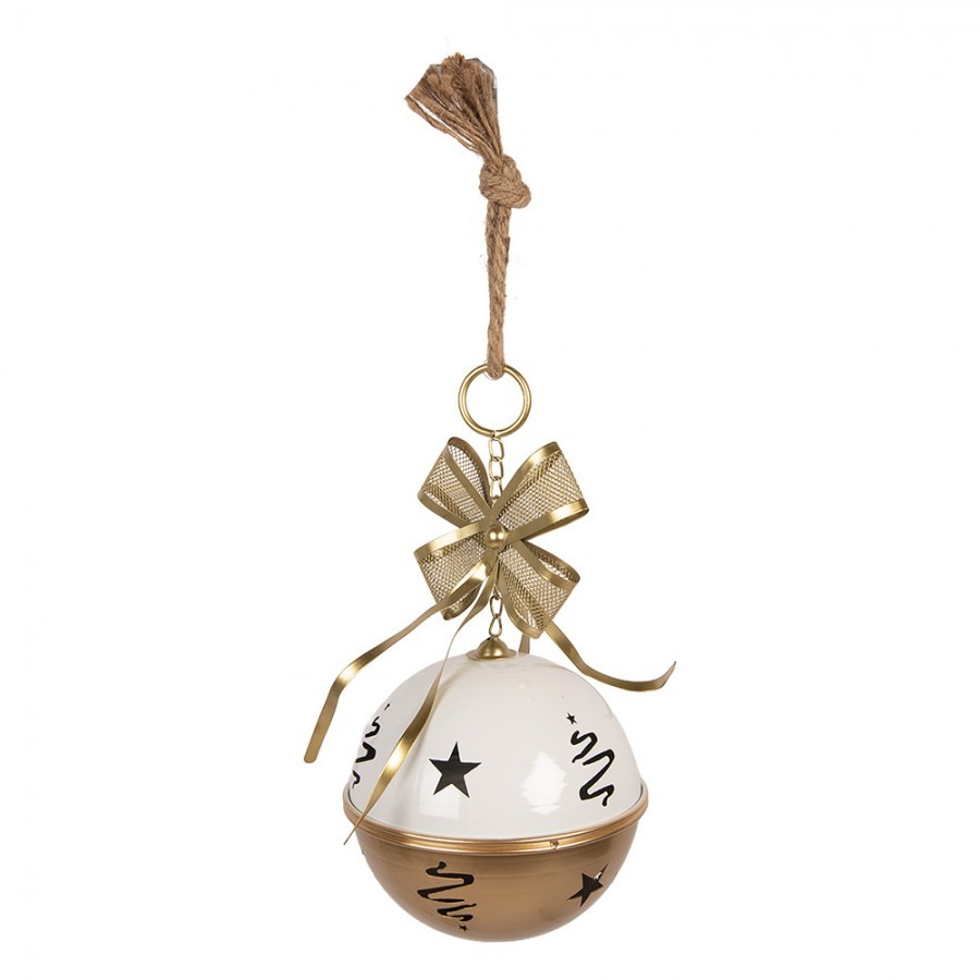 Bílo-zlatá vánoční dekorace kovová rolnička s mašlí - Ø 19*45 cm Clayre & Eef Bílo-zlatá vánoční dekorace kovová rolnička s mašlí - Ø 19*45 cm Clayre & Eef