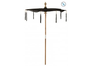 Černý boho slunečník s dřevěnou tyčí a střapci Lorie Wood - ∅ 140*250 cm