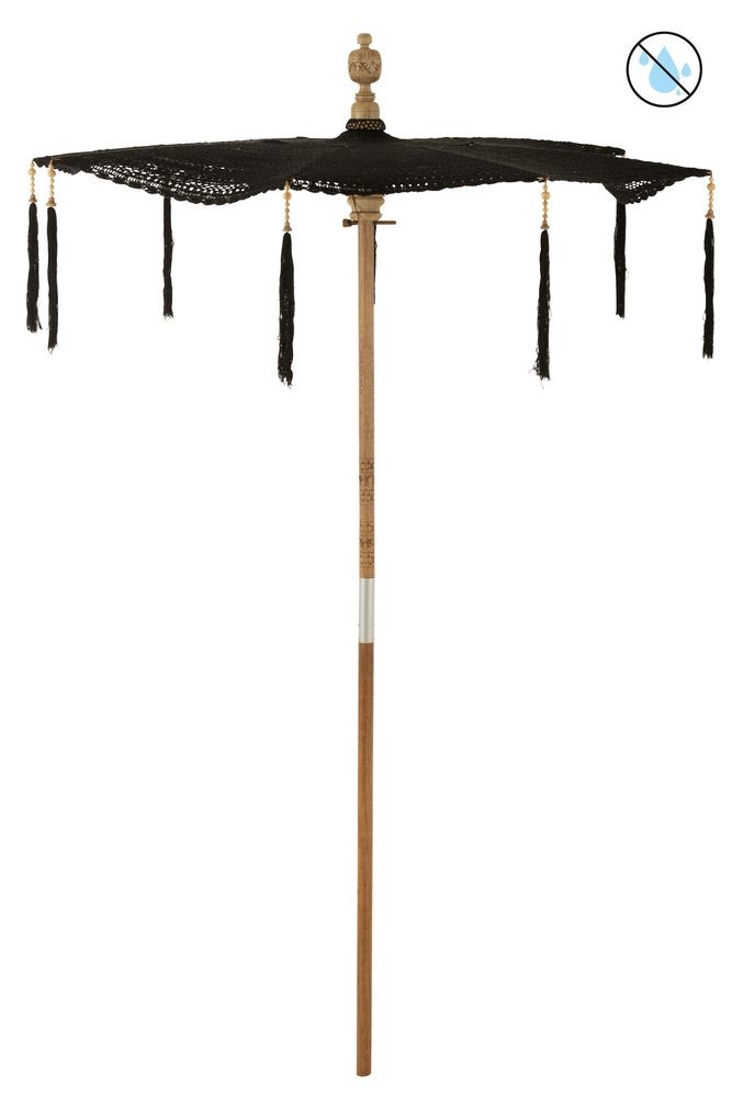 Černý slunečník s dřevěnou tyčí a střapci Lorie Wood - ∅ 140*250 cm