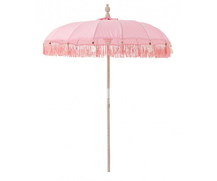 Růžový slunečník s dřevěnou tyčí a třásněmi Bobbi Pink - ∅ 200*260 cm J-Line by Jolipa