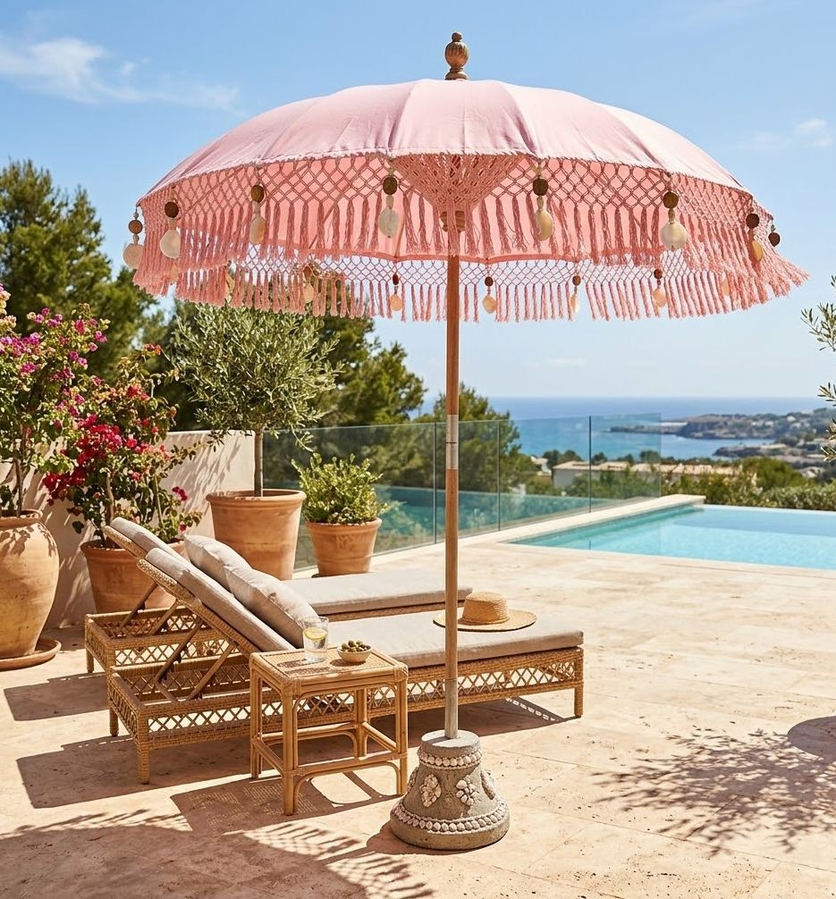 Růžový slunečník s dřevěnou tyčí a třásněmi Bobbi Pink - ∅ 200*260 cm J-Line by Jolipa Růžový slunečník s dřevěnou tyčí a třásněmi Bobbi Pink - ∅ 200*260 cm J-Line by Jolipa