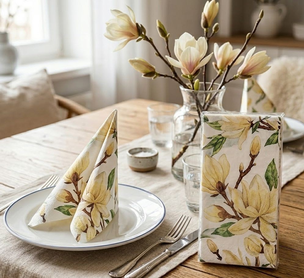 Bílé papírové ubrousky s květy magnolie - 33*40 cm (20 ks) Clayre & Eef Bílé papírové ubrousky s květy magnolie - 33*40 cm (20 ks) Clayre & Eef