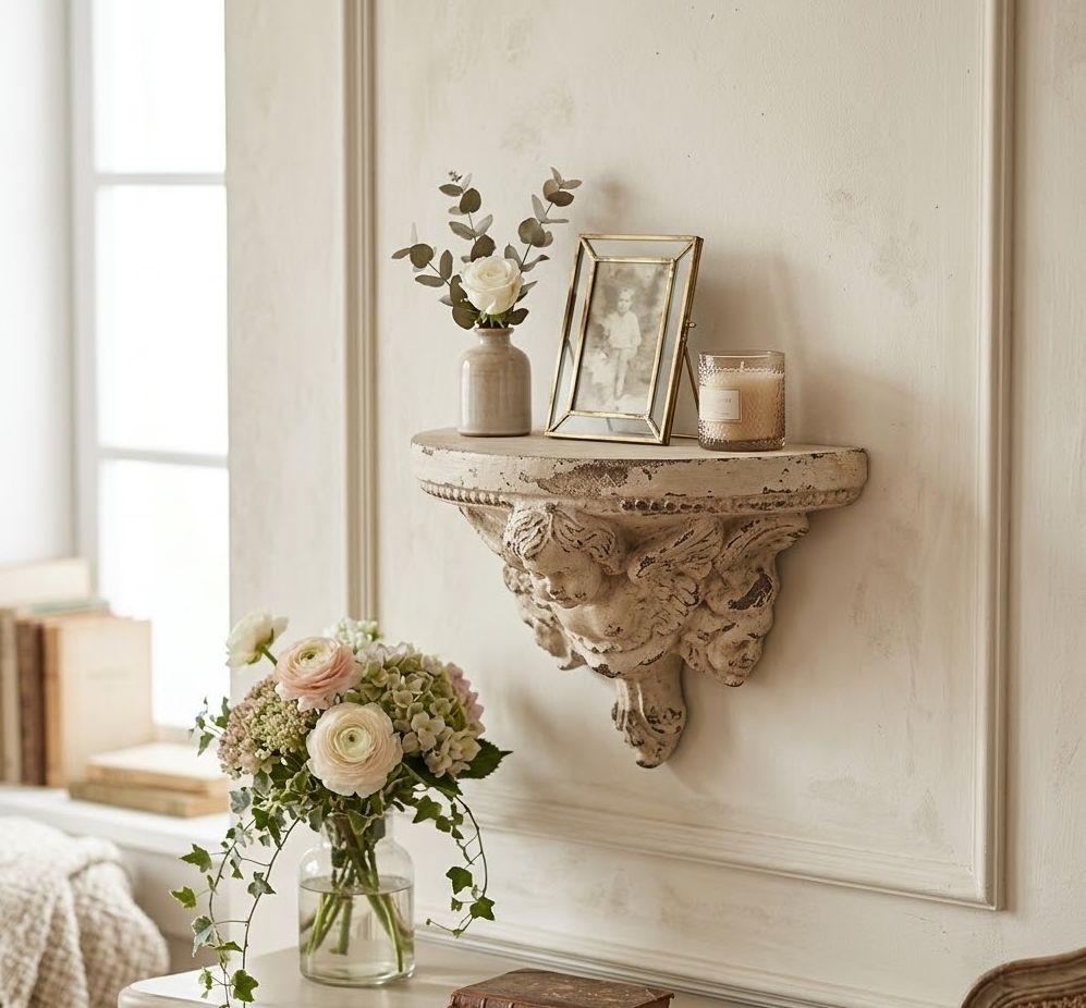 Béžový antik nástěnný podstavec s andílkem Baroque - 33*14*21 cm Clayre & Eef Béžový antik nástěnný podstavec s andílkem Baroque - 33*14*21 cm Clayre & Eef