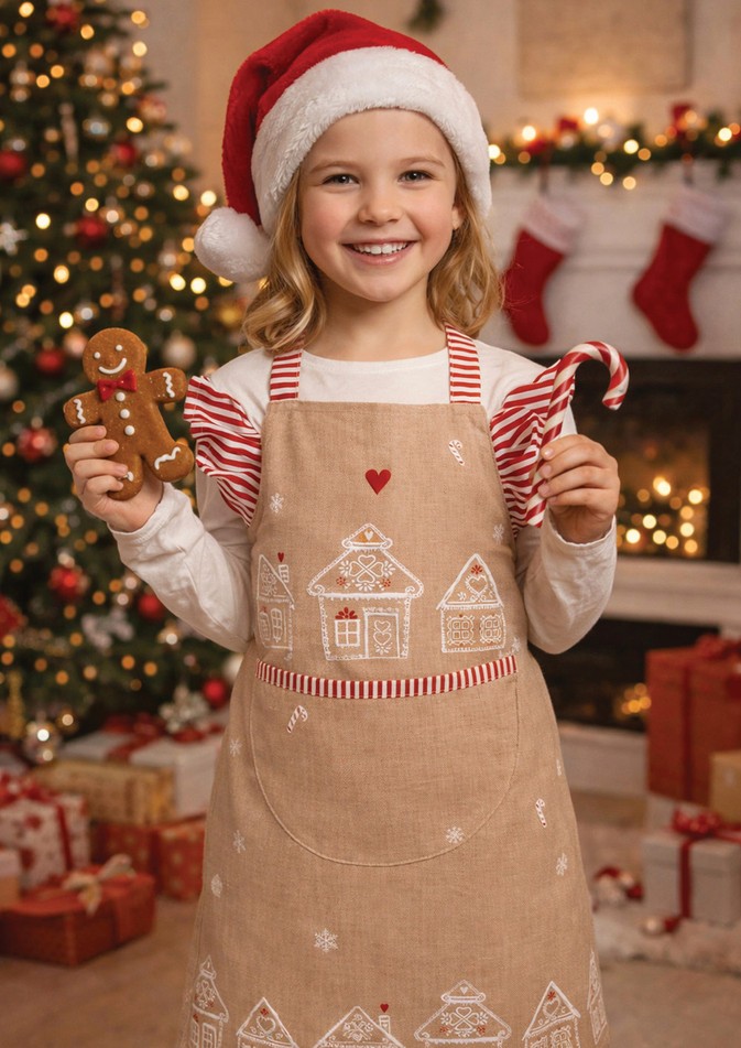 Hnědá dětská zástěra s perníkovými chaloupkami Gingerbread Bliss - 48*56 cm Clayre & Eef Hnědá dětská zástěra s perníkovými chaloupkami Gingerbread Bliss - 48*56 cm Clayre & Eef